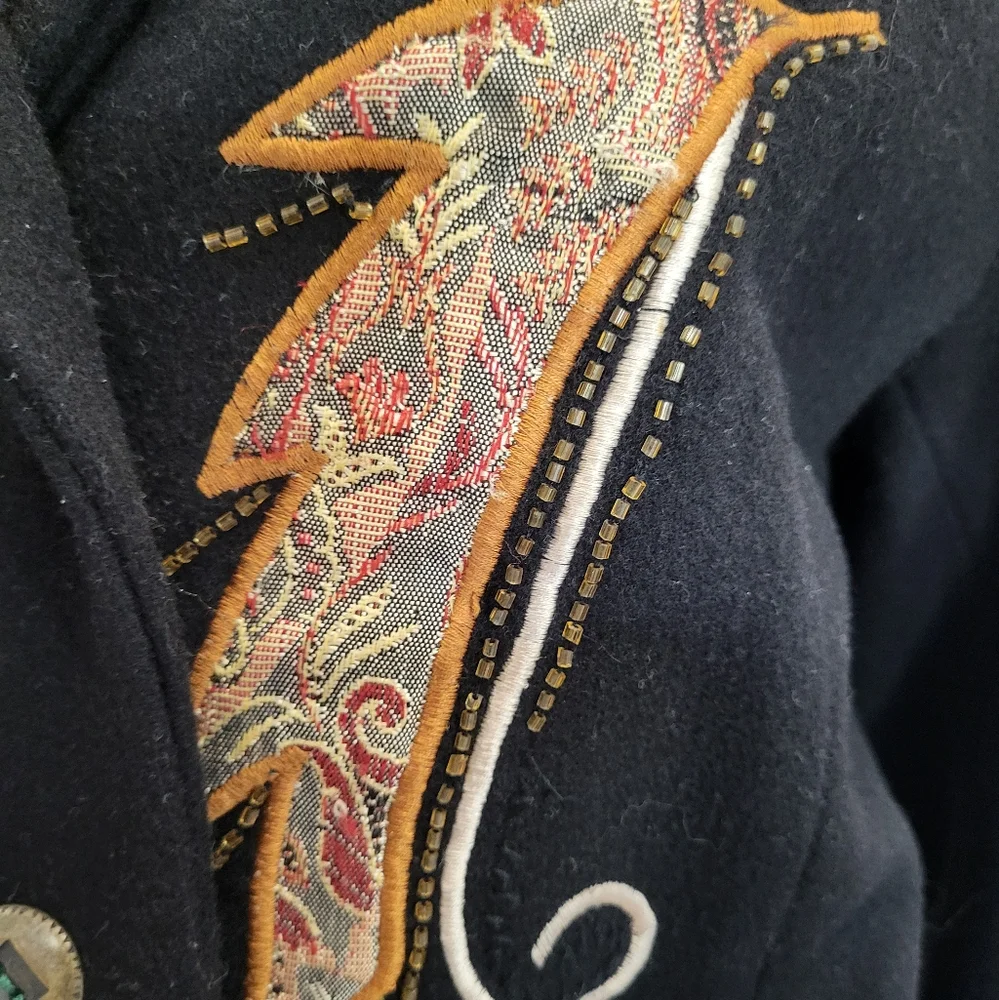 137B. Vtg. Alex Kim Embroidered Black Wool Blend Jacket/Coat - Size Large